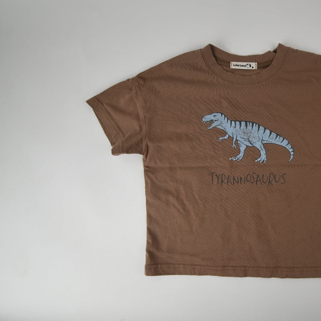 Brown kids t-shirt featuring a tyrannosaurus dinosaur graphic