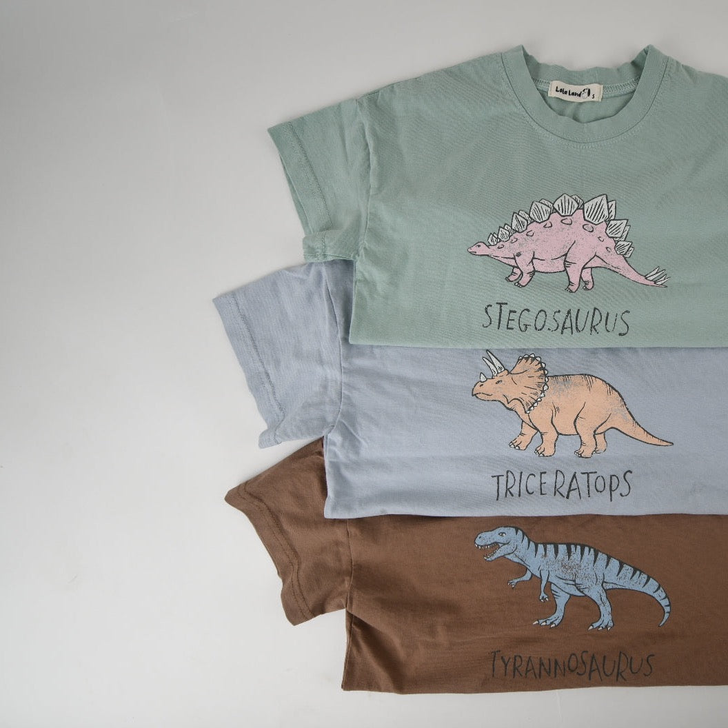 Flat lay of three kids dinosaur shirts in mint, blue, and brown