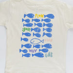 Kids graphic tee with school of fish and one swimming opposite direction