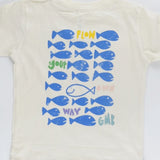 Kids graphic tee with school of fish and one swimming opposite direction