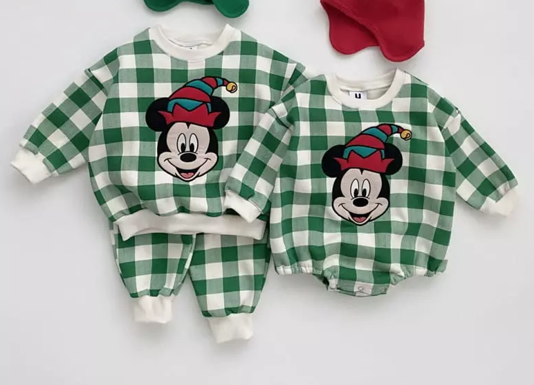 Green Plaid Christmas Disney Romper and Sweat set Mickey Mouse