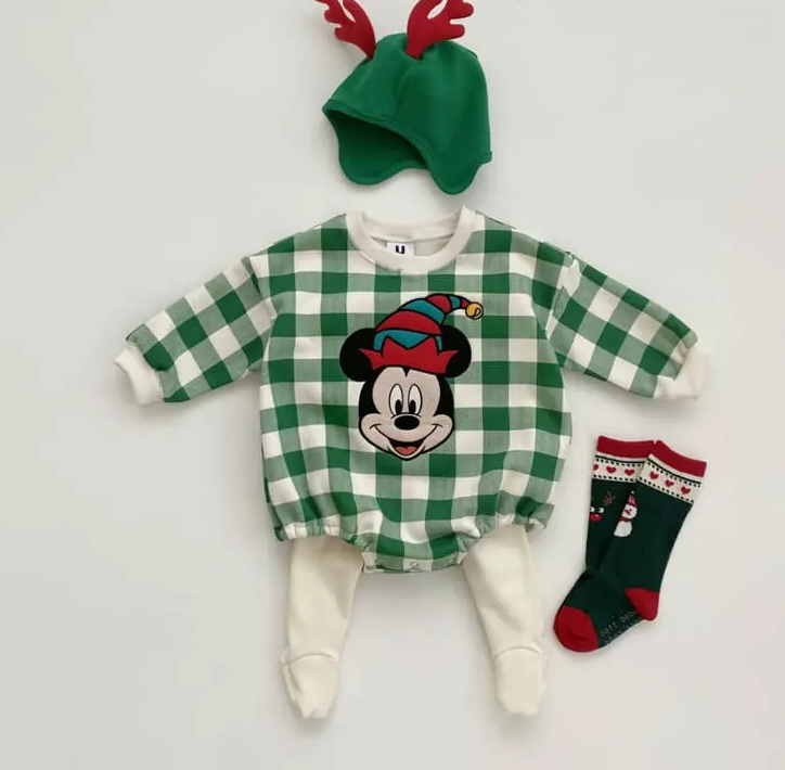 Mickey and Minny Mouse Christmas Checkered Rompers Green and Red 