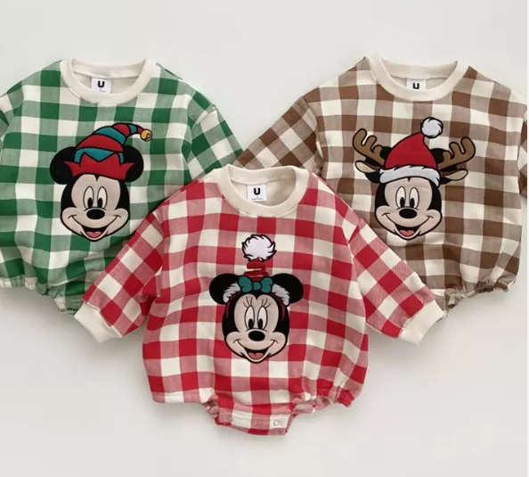 Mickey and Minny Mouse Christmas Checkered Rompers Green and Red 