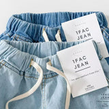 kids denim shorts with drawstring, toddler jean shorts, boys girls summer denim, light wash kids shorts, dark wash denim shorts for children