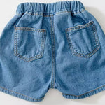 kids denim shorts with drawstring, toddler jean shorts, boys girls summer denim, light wash kids shorts, dark wash denim shorts for children