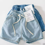 kids denim shorts with drawstring, toddler jean shorts, boys girls summer denim, light wash kids shorts, dark wash denim shorts for children