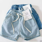 kids denim shorts with drawstring, toddler jean shorts, boys girls summer denim, light wash kids shorts, dark wash denim shorts for children