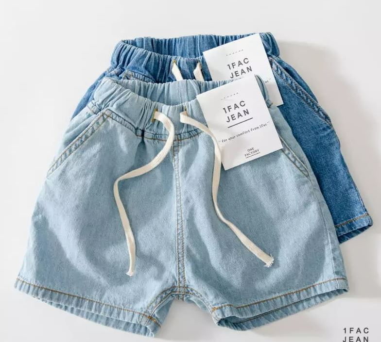 kids denim shorts with drawstring, toddler jean shorts, boys girls summer denim, light wash kids shorts, dark wash denim shorts for children