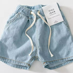 kids denim shorts with drawstring, toddler jean shorts, boys girls summer denim, light wash kids shorts, dark wash denim shorts for children