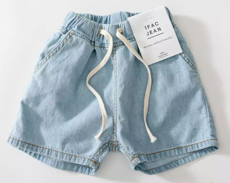 kids denim shorts with drawstring, toddler jean shorts, boys girls summer denim, light wash kids shorts, dark wash denim shorts for children