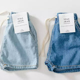 kids denim shorts with drawstring, toddler jean shorts, boys girls summer denim, light wash kids shorts, dark wash denim shorts for children