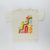 Good Vibes kids graphic tee with colorful abstract shapes