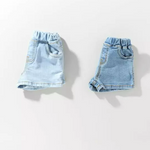 kids denim shorts, toddler jean shorts, light wash black wash dark denim kids, unisex denim shorts for children, summer kids shorts